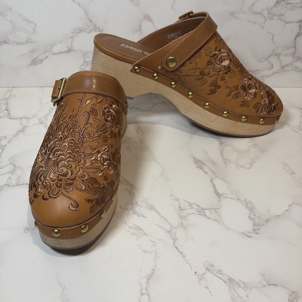 Johnny Was Mono Leather Embroidered Leather Clogs Women's 9 Brown Floral Boho